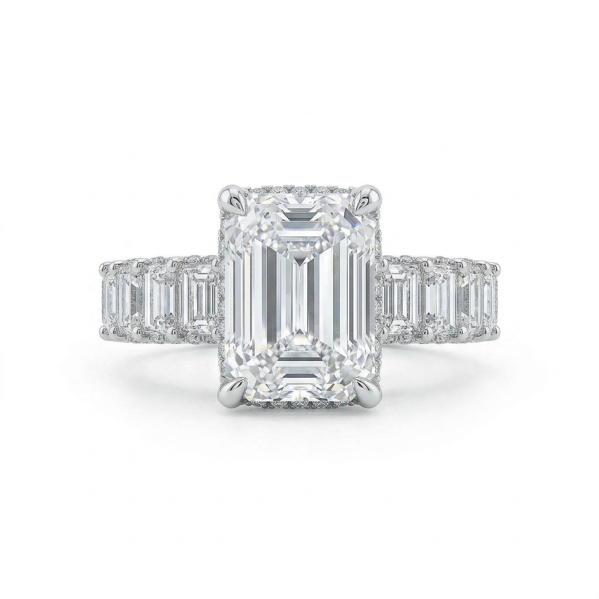 25.8 Ct Emerald Cut Paved Engagement Ring In 18k White Gold Moissanite - Image 4