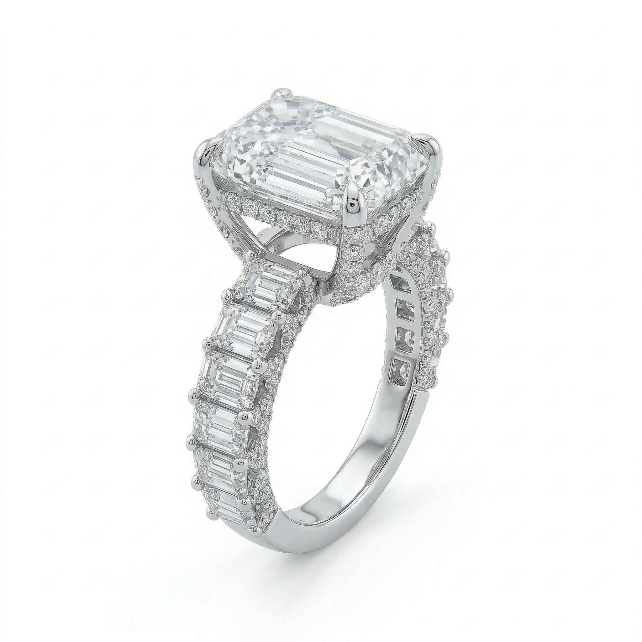 25.8 Ct Emerald Cut Paved Engagement Ring In 18k White Gold Moissanite - Image 5
