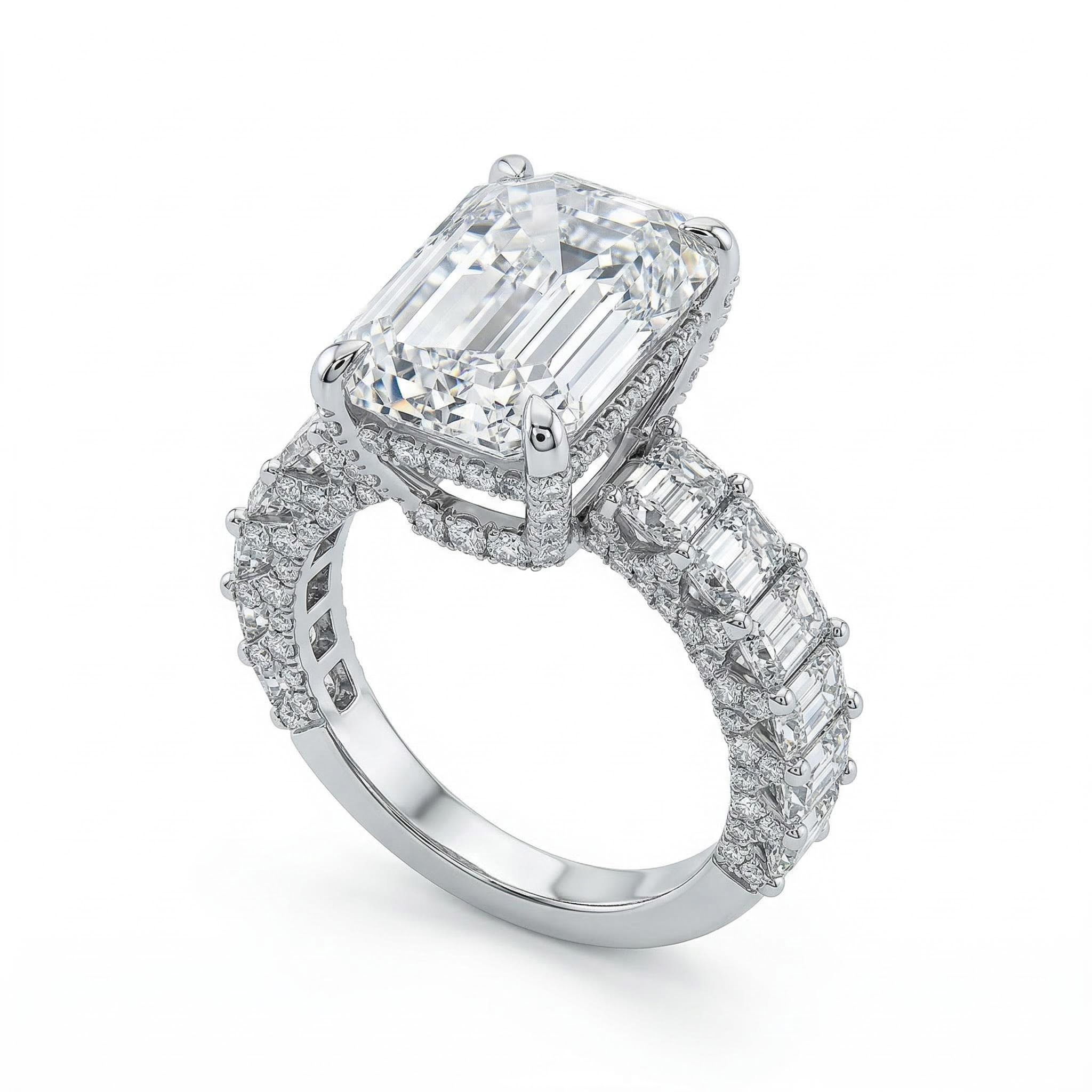 25.8 Ct Emerald Cut Paved Engagement Ring In 18k White Gold Moissanite