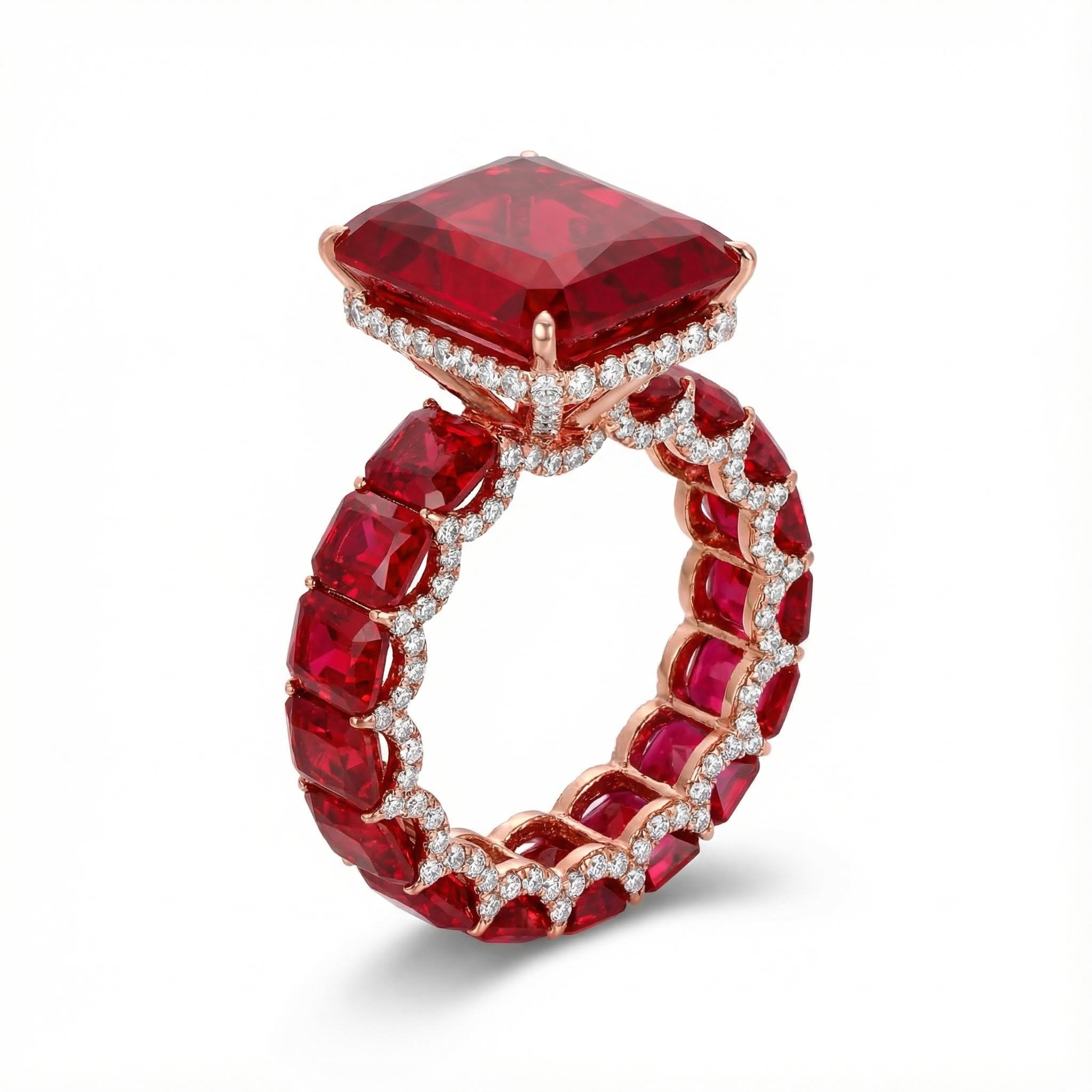28.96ct. Tw. Luxury Ruby Radiant Cut Pave Halo Engagement Ring Iced Out
