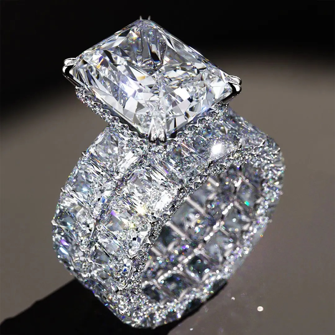 23.85ct Radiant Cut Vvs Moissanite S925 Silver Engagement Ring Set Iced Out - Image 14