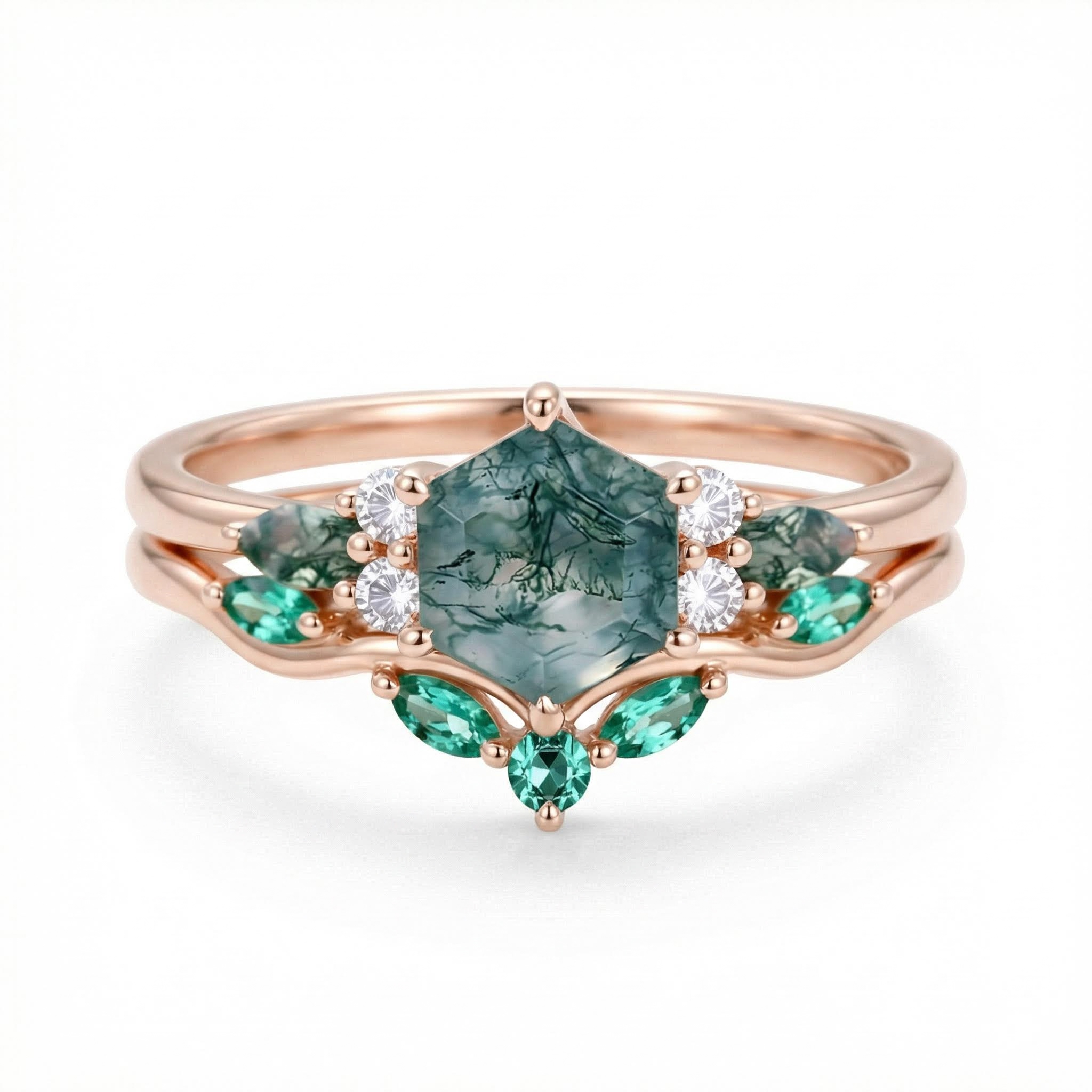 1.39ct Hexagon Cut Moss Agate Nature Inspired Engagement Ring Set Silver