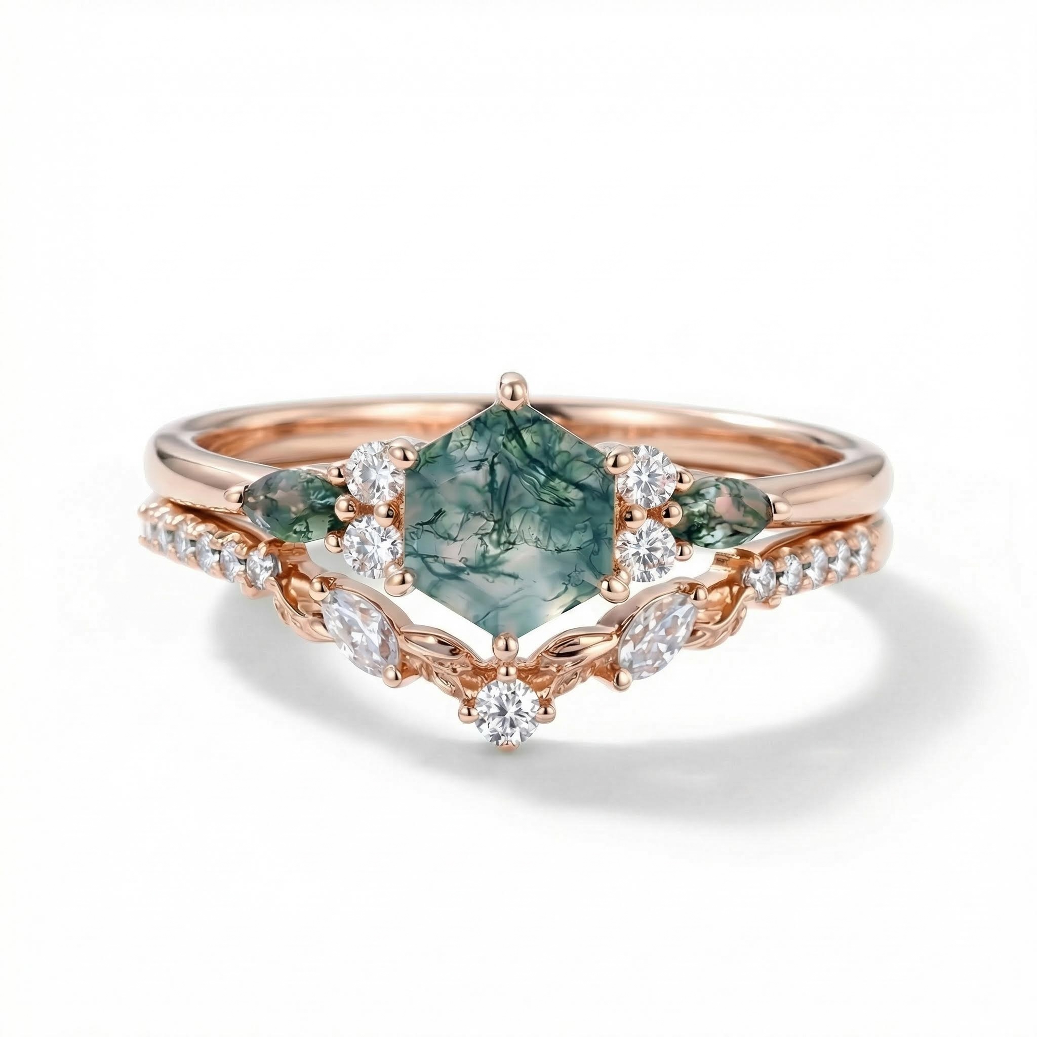1.42ct Hexagon & Marquise Moss Agate With Leaf Accents S925 Silver
