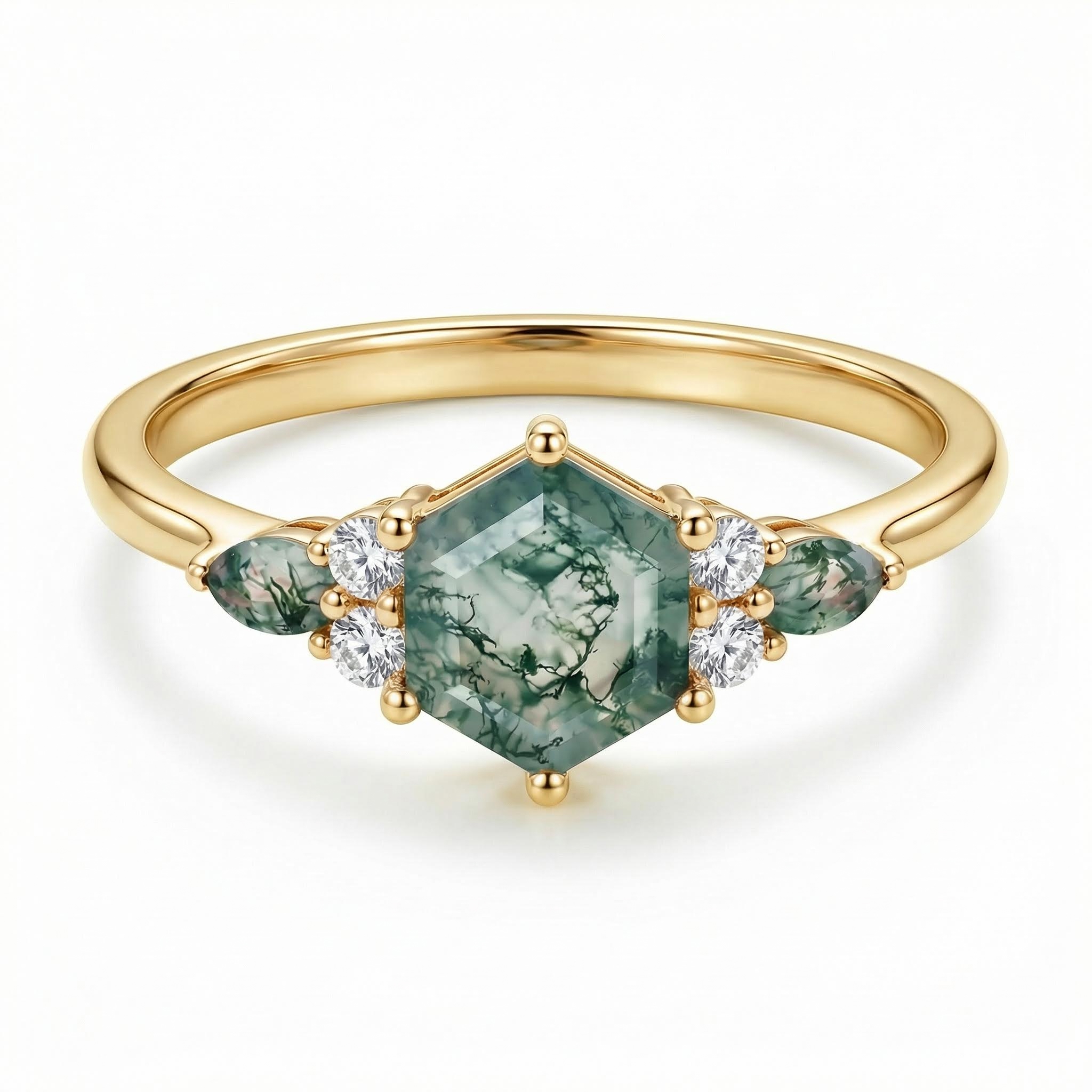 1.18ct Hexagon & Marquise Cut Moss Agate S925 Silver Promise Engagement - Image 4