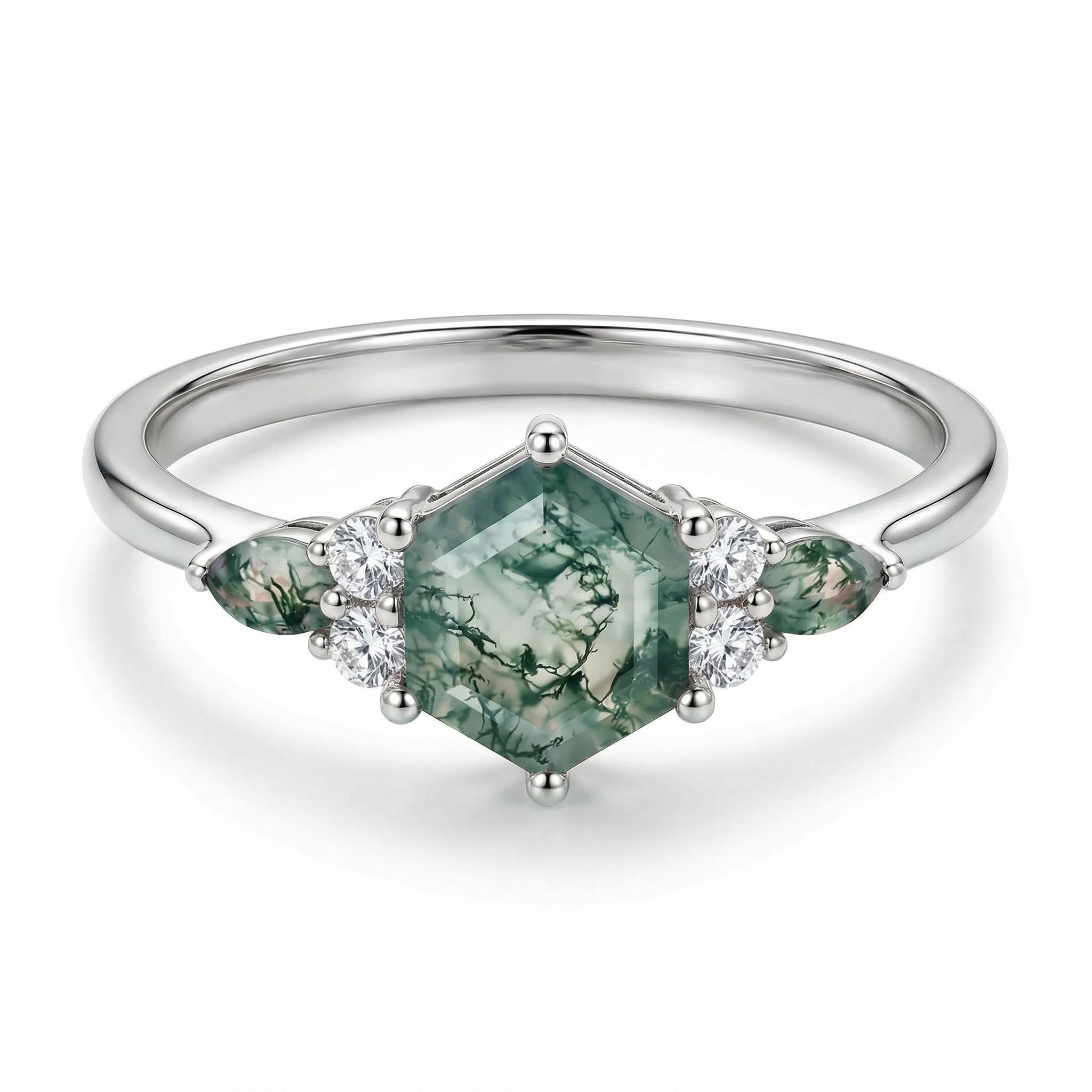 1.18ct Hexagon & Marquise Cut Moss Agate S925 Silver Promise Engagement - Image 5