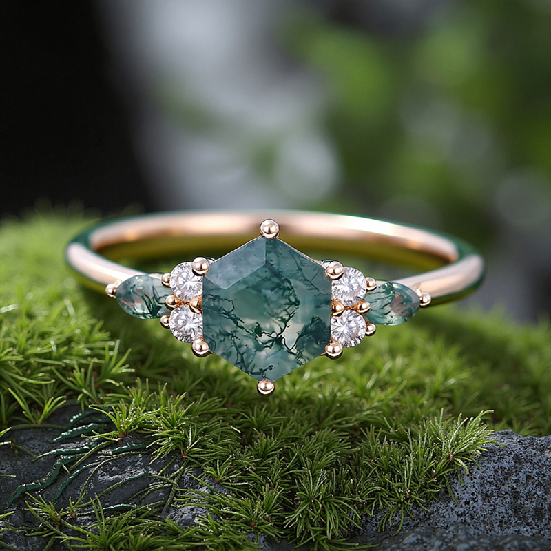 1.18ct Hexagon & Marquise Cut Moss Agate S925 Silver Promise Engagement - Image 7