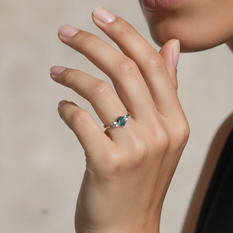 1.18ct Hexagon & Marquise Cut Moss Agate S925 Silver Promise Engagement - Image 9