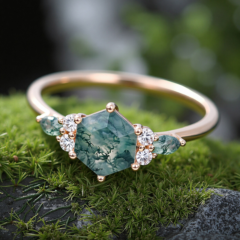 1.18ct Hexagon & Marquise Cut Moss Agate S925 Silver Promise Engagement - Image 10