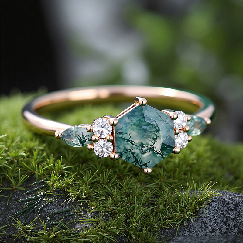 1.18ct Hexagon & Marquise Cut Moss Agate S925 Silver Promise Engagement - Image 11