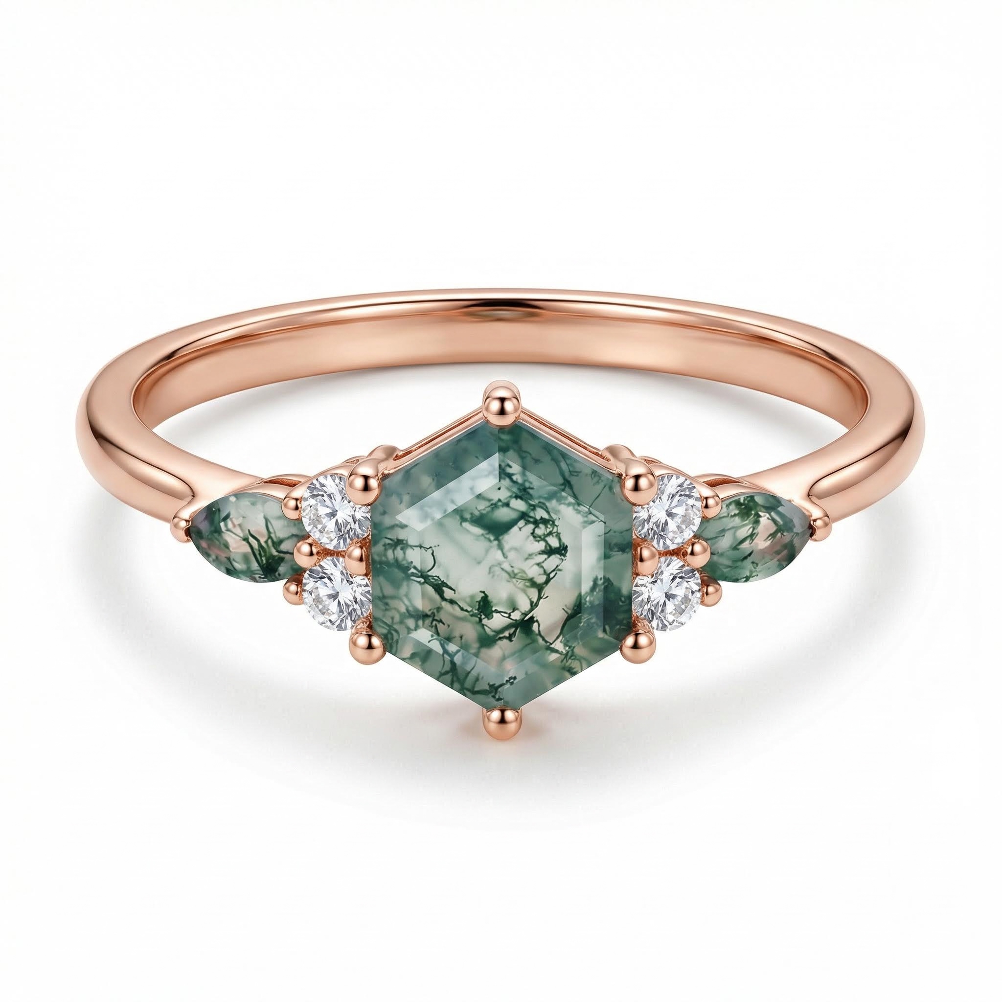 1.18ct Hexagon & Marquise Cut Moss Agate S925 Silver Promise Engagement