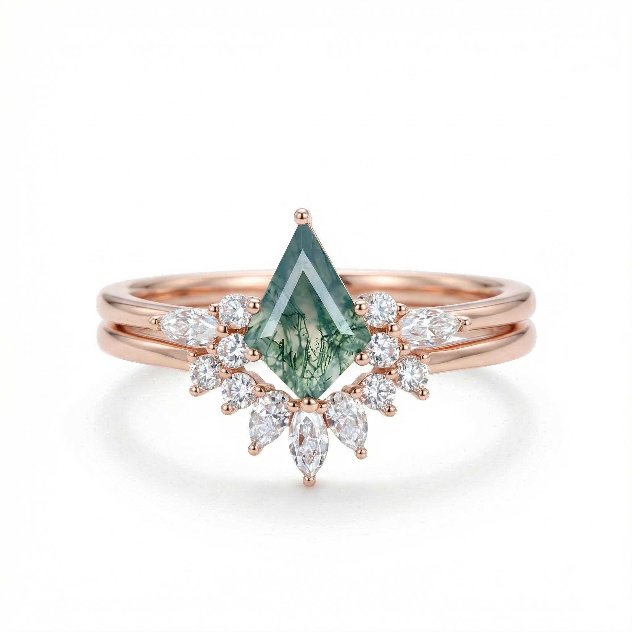 1.73ct Kite Cut Moss Agate & Round Moissanite S925 Silver Engagement Ring