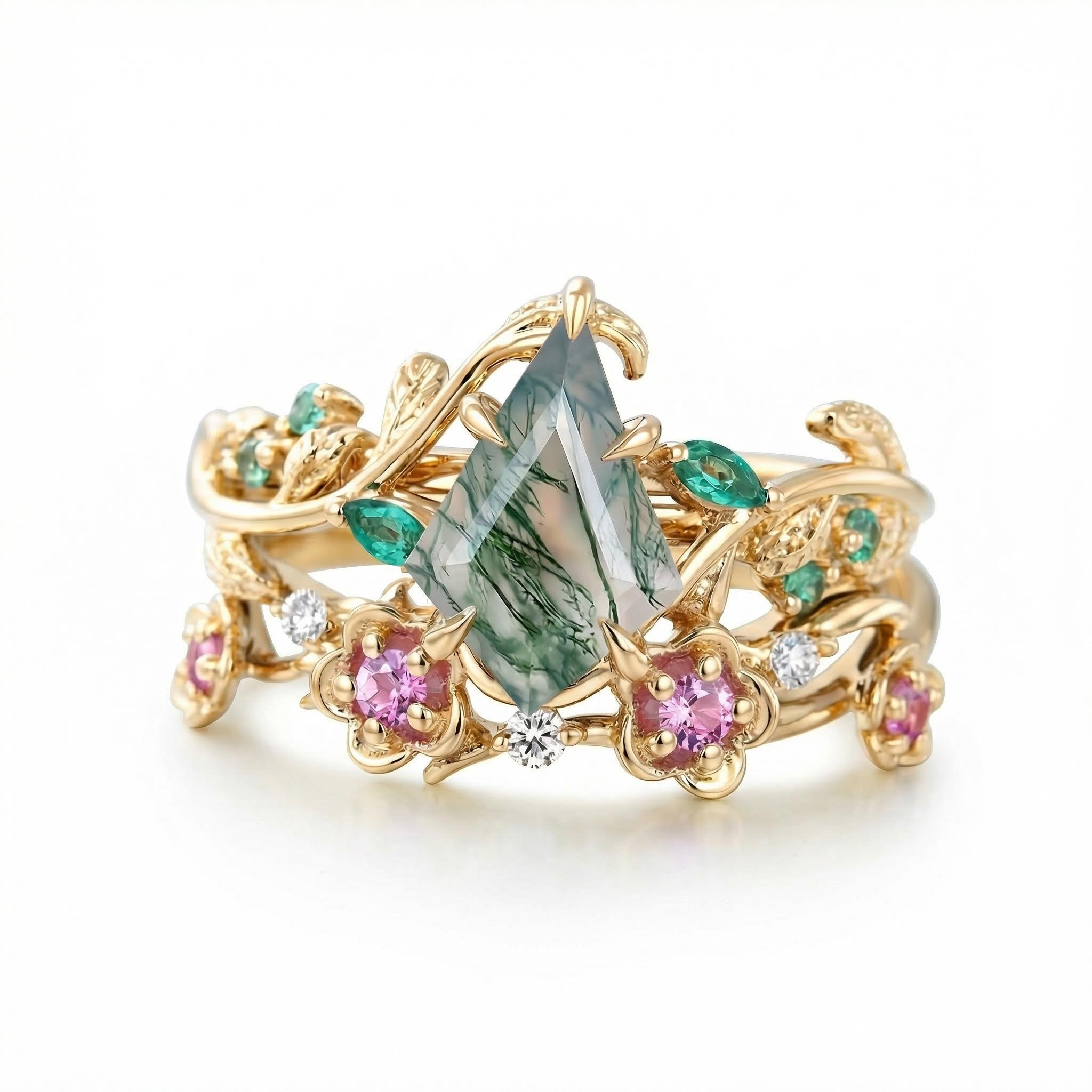1.545ct Kite Cut Moss Agate & Round Cut Moissanite S925 Silver Nature - Image 4