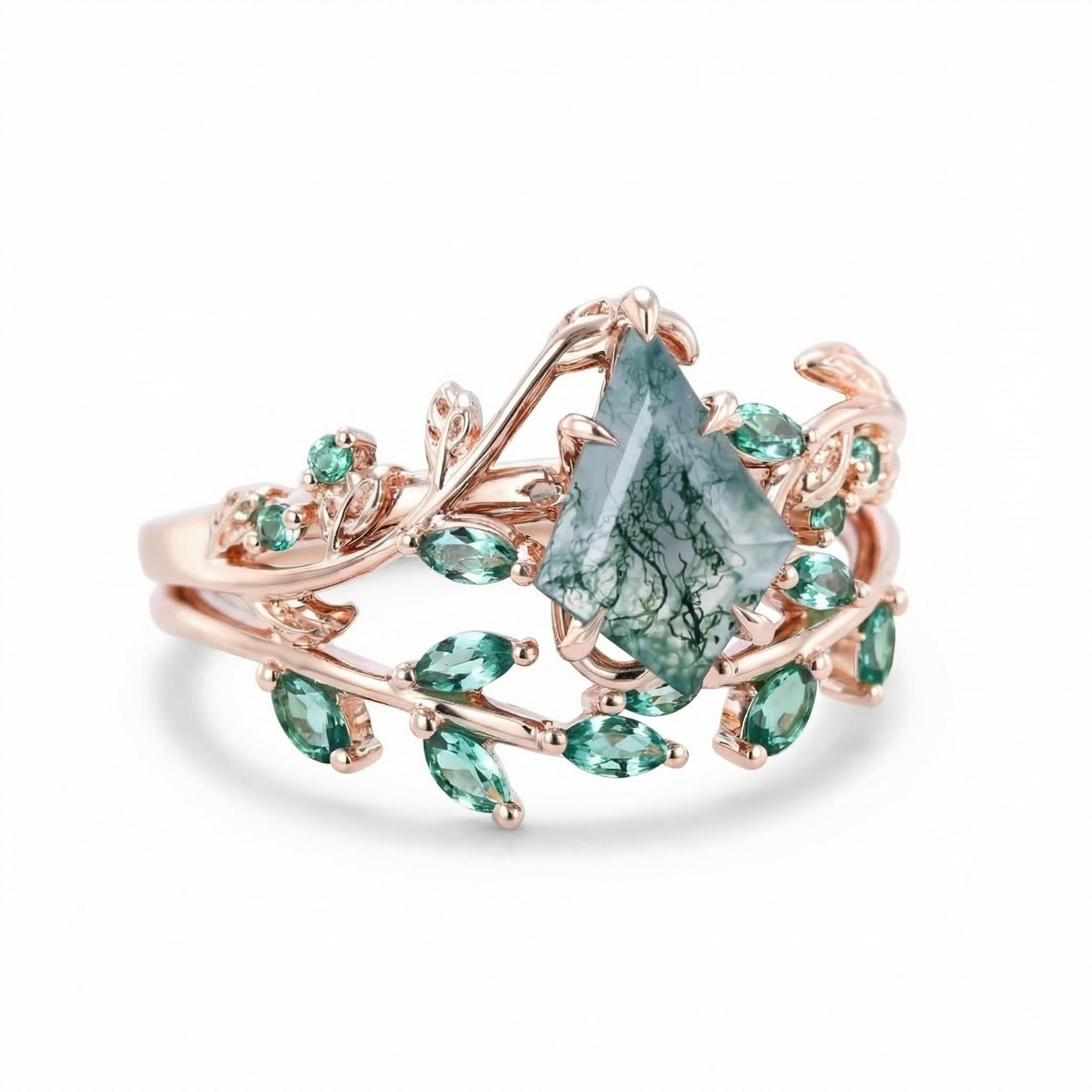 1.59ct Kite Cut Moss Agate Emerald Leaf S925 Silver Engagement Ring Set - Image 5