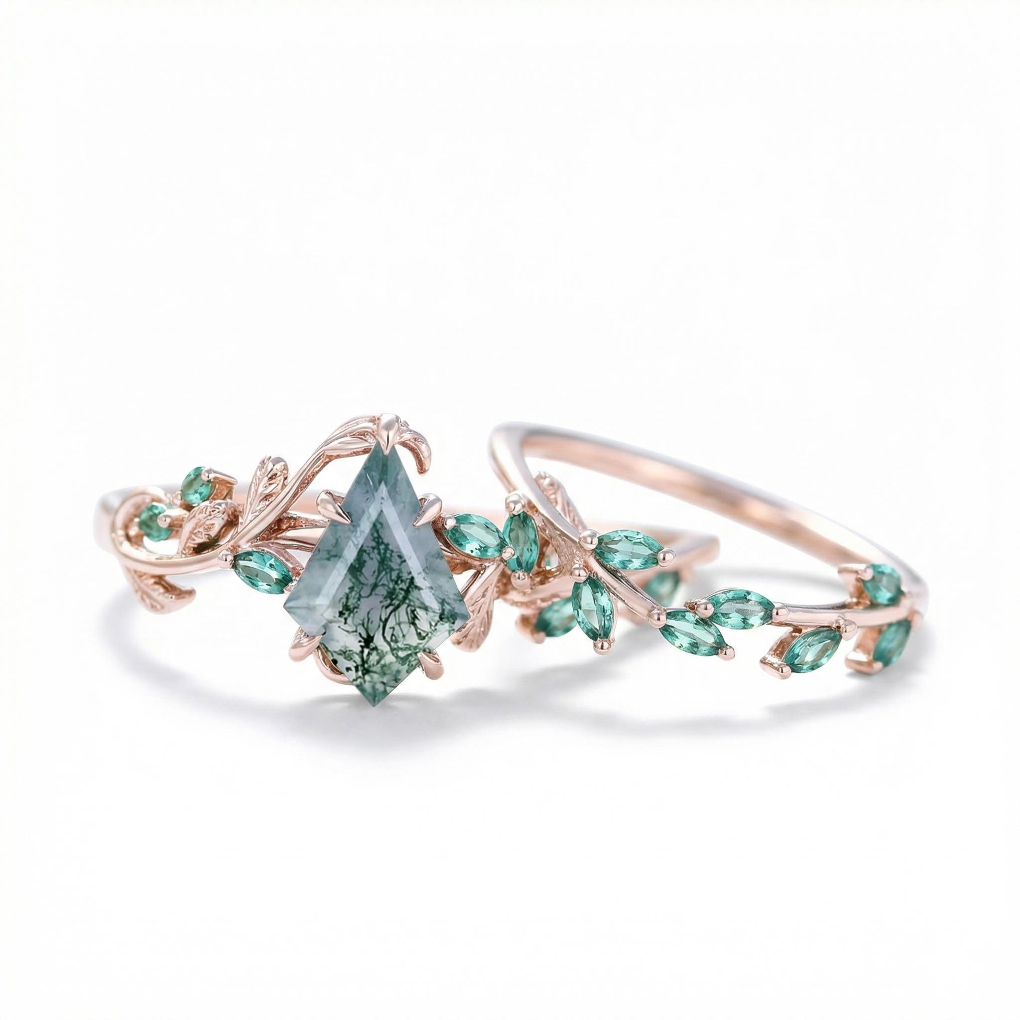 1.59ct Kite Cut Moss Agate Emerald Leaf S925 Silver Engagement Ring Set - Image 6