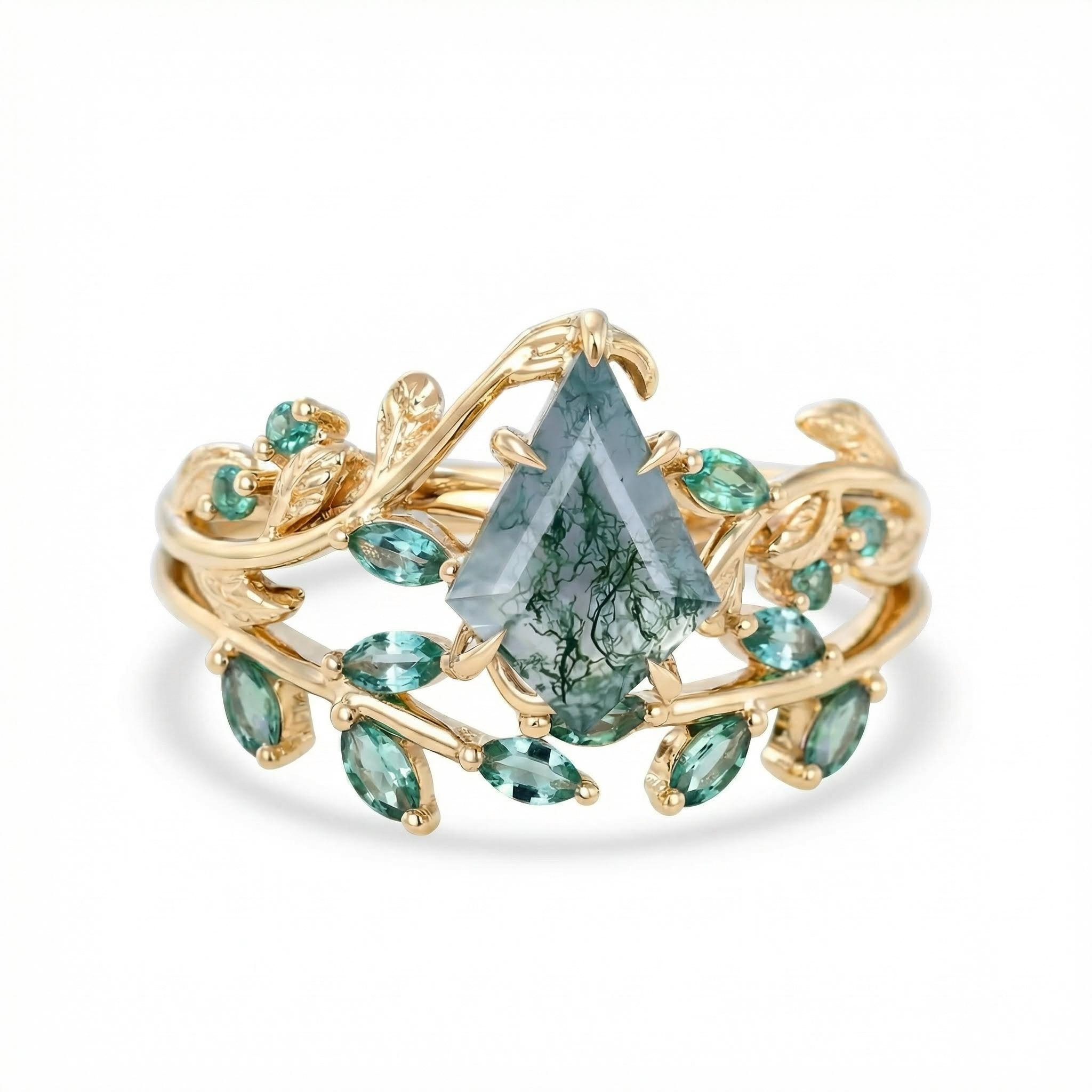 1.59ct Kite Cut Moss Agate Emerald Leaf S925 Silver Engagement Ring Set - Image 7