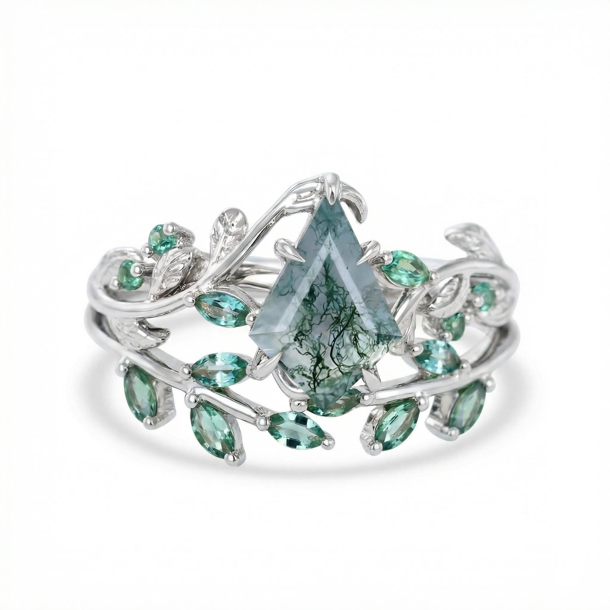 1.59ct Kite Cut Moss Agate Emerald Leaf S925 Silver Engagement Ring Set - Image 8