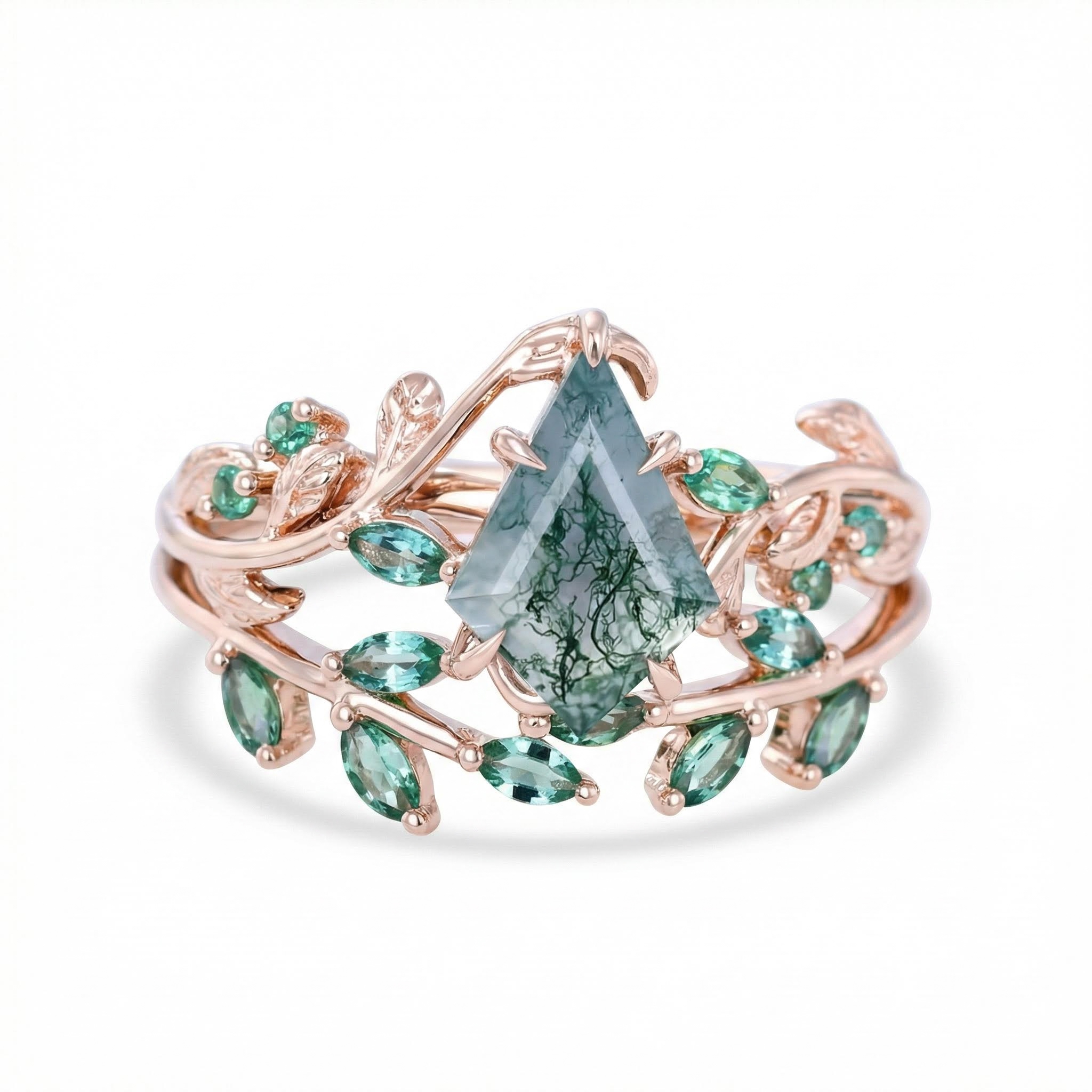 1.59ct Kite Cut Moss Agate Emerald Leaf S925 Silver Engagement Ring Set