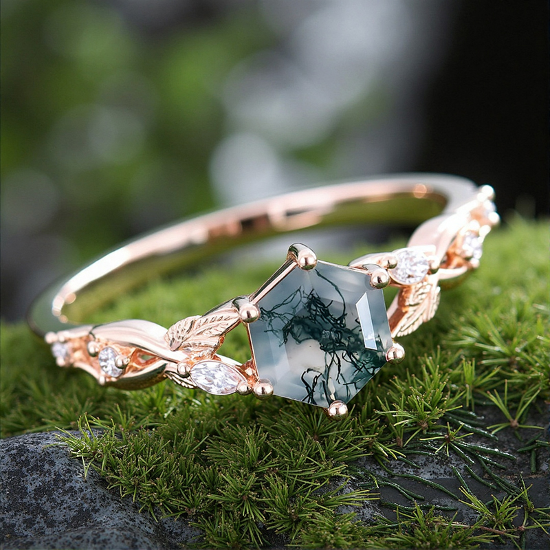1.12ct Hexagon Moss Agate & Round Cut Moissanite S925 Silver Promise - Image 4