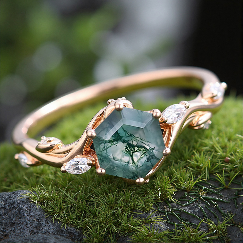 1.12ct Hexagon Moss Agate & Marquise Moissanite Nature Inspired S925 Silver - Image 4