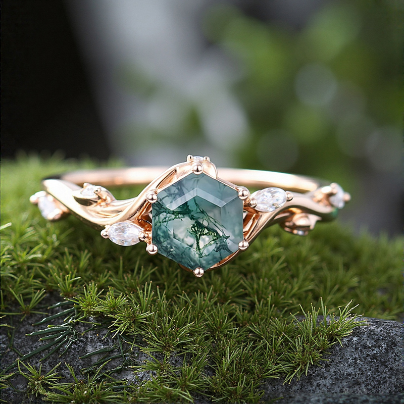 1.12ct Hexagon Moss Agate & Marquise Moissanite Nature Inspired S925 Silver