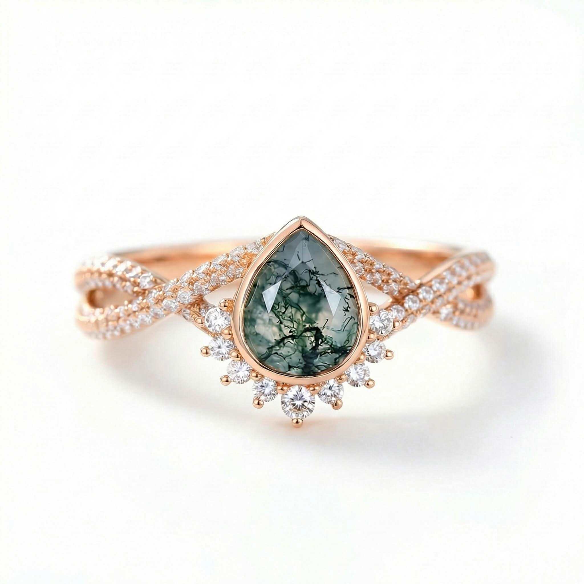 1.53ct Pear Cut Moss Agate & Round Cut Moissanite S925 Silver Twisted Pavé - Image 4