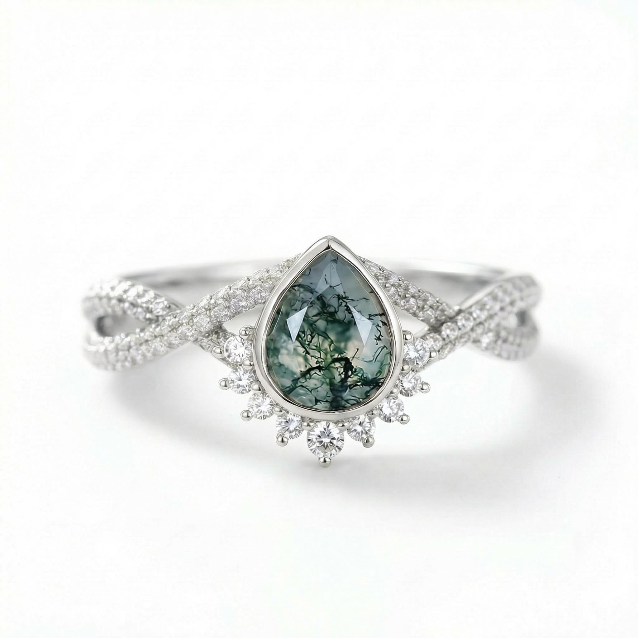 1.53ct Pear Cut Moss Agate & Round Cut Moissanite S925 Silver Twisted Pavé - Image 5