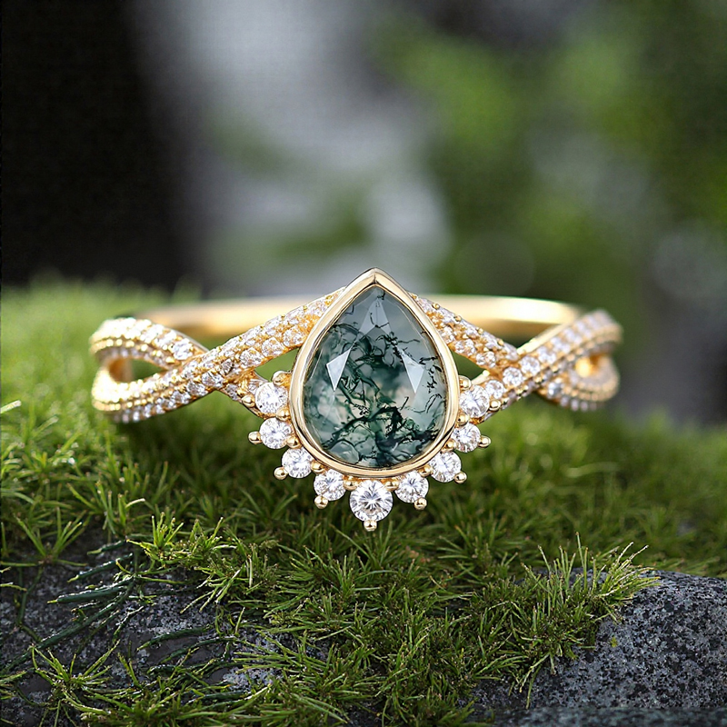 1.53ct Pear Cut Moss Agate & Round Cut Moissanite S925 Silver Twisted Pavé - Image 7