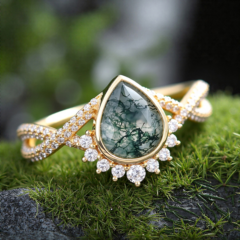 1.53ct Pear Cut Moss Agate & Round Cut Moissanite S925 Silver Twisted Pavé - Image 9