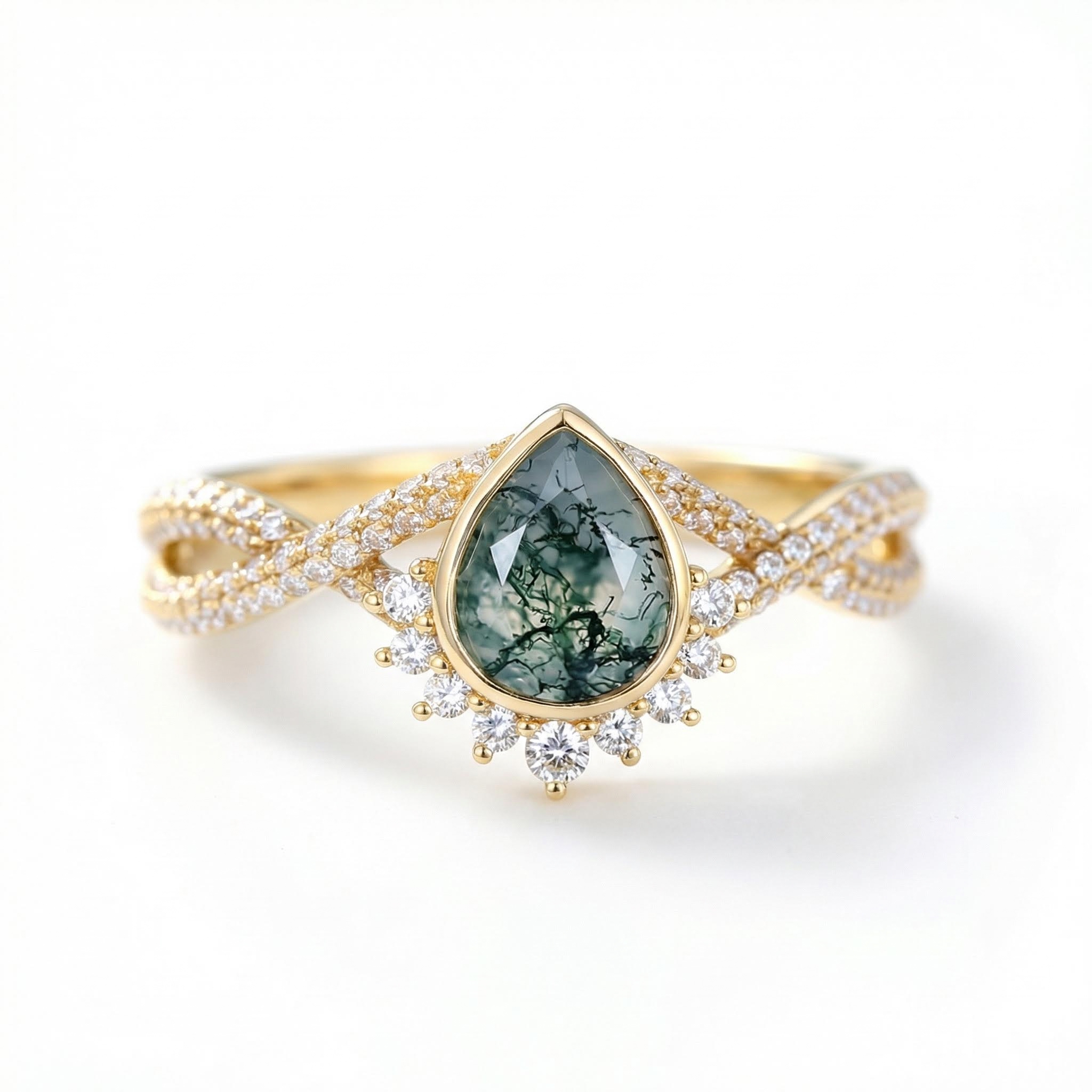 1.53ct Pear Cut Moss Agate & Round Cut Moissanite S925 Silver Twisted Pavé