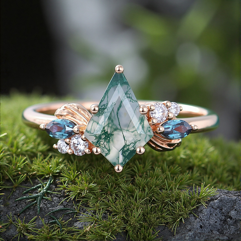 1.44ct Kite Cut Moss Agate & Round Cut Moissanite S925 Silver Nature
