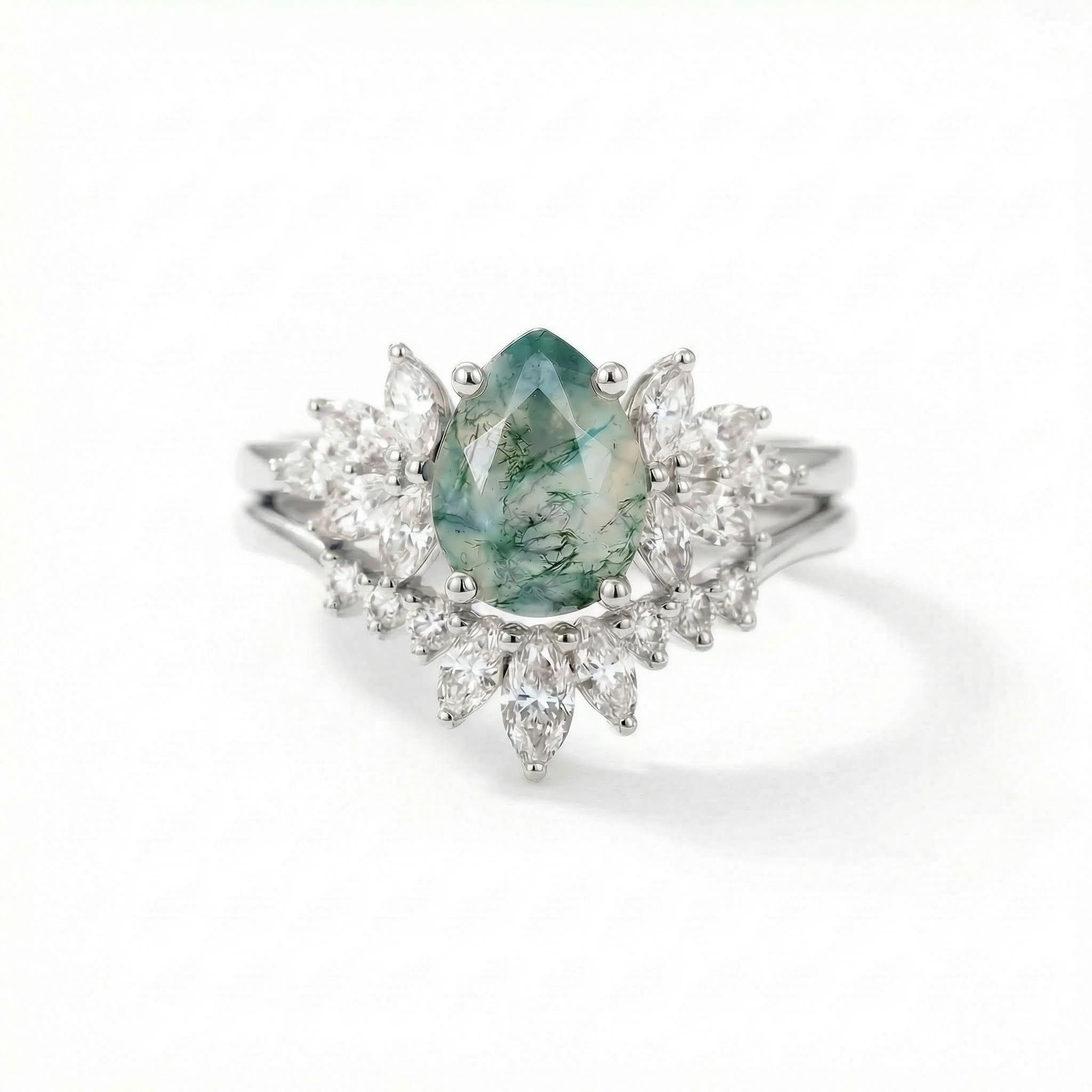 1.8ct Pear Cut Moss Agate & Marquise Cut Moissanite S925 Silver Engagement - Image 4