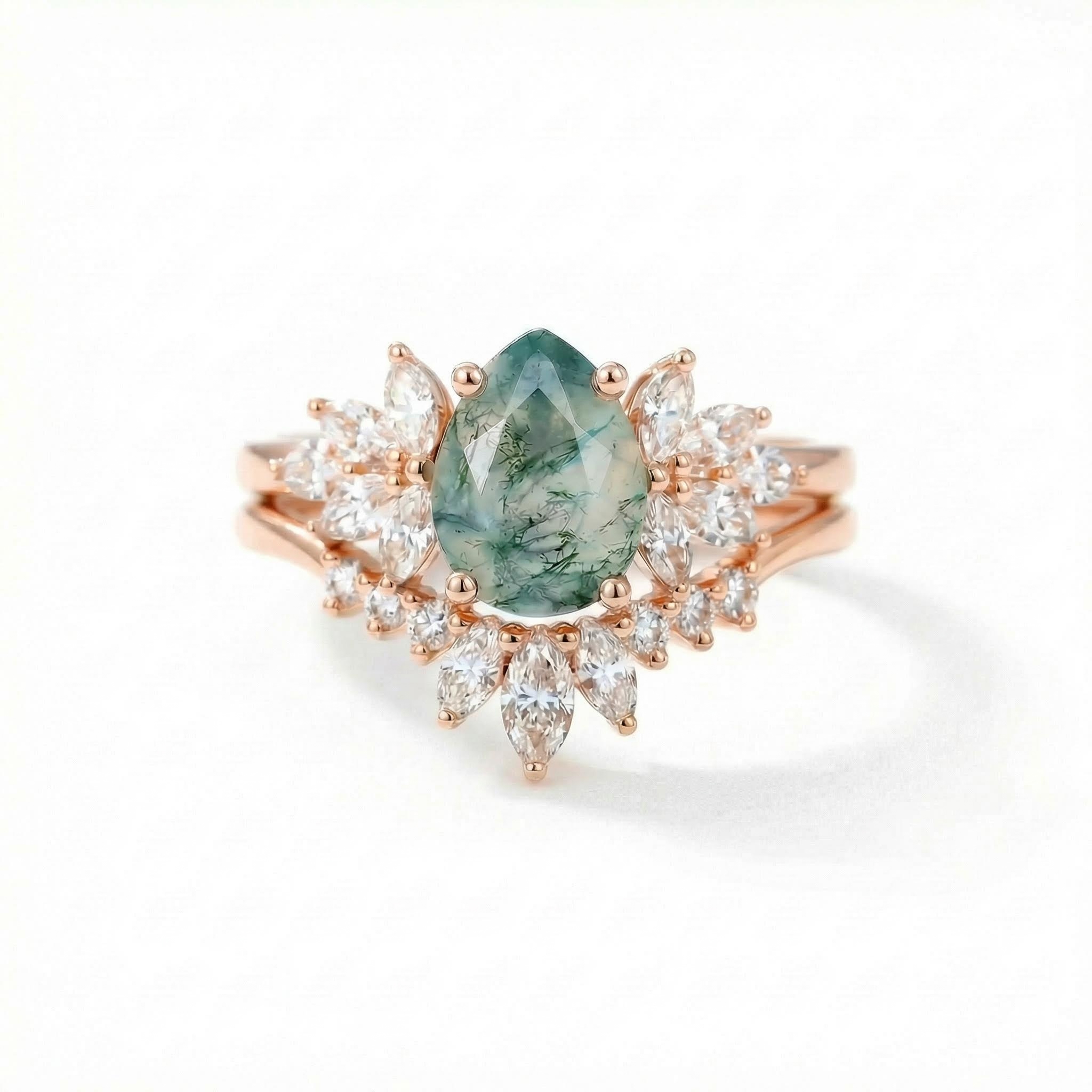1.8ct Pear Cut Moss Agate & Marquise Cut Moissanite S925 Silver Engagement - Image 5