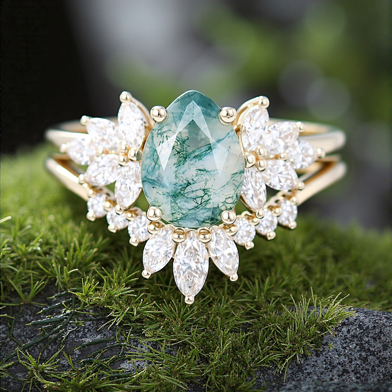 1.8ct Pear Cut Moss Agate & Marquise Cut Moissanite S925 Silver Engagement - Image 6