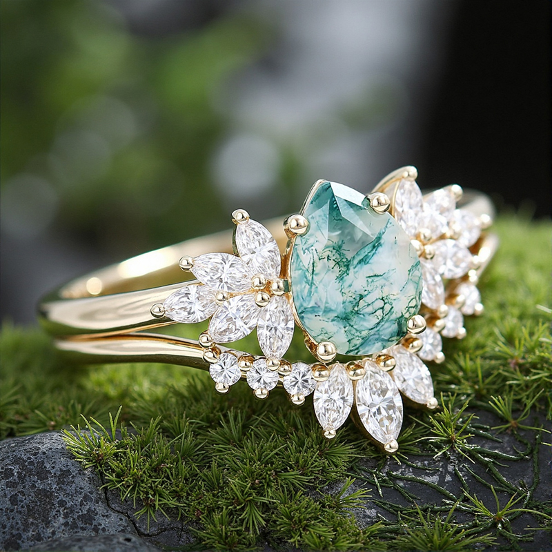 1.8ct Pear Cut Moss Agate & Marquise Cut Moissanite S925 Silver Engagement - Image 8