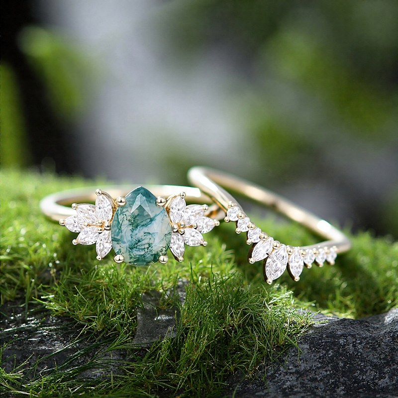 1.8ct Pear Cut Moss Agate & Marquise Cut Moissanite S925 Silver Engagement - Image 9