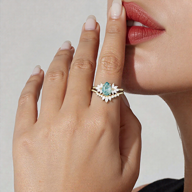 1.8ct Pear Cut Moss Agate & Marquise Cut Moissanite S925 Silver Engagement - Image 10