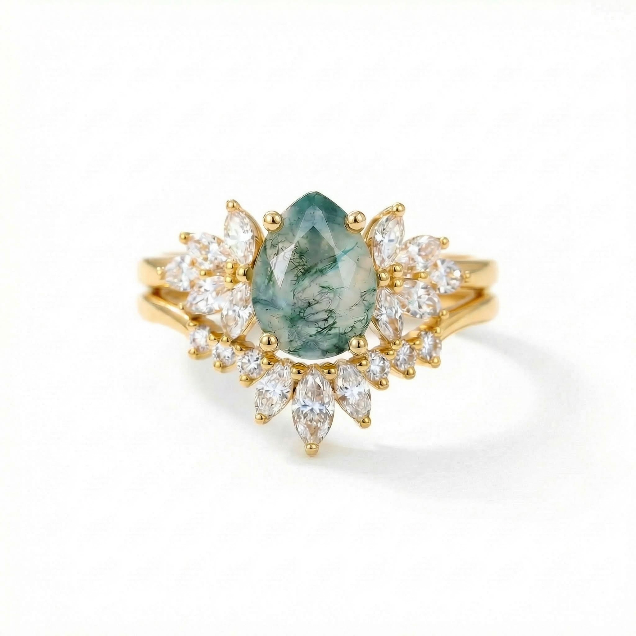 1.8ct Pear Cut Moss Agate & Marquise Cut Moissanite S925 Silver Engagement