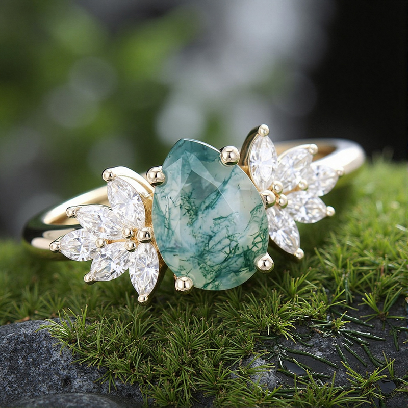 1.5ct Pear Cut Moss Agate & Marquise Cut Moissanite S925 Silver Engagement - Image 4