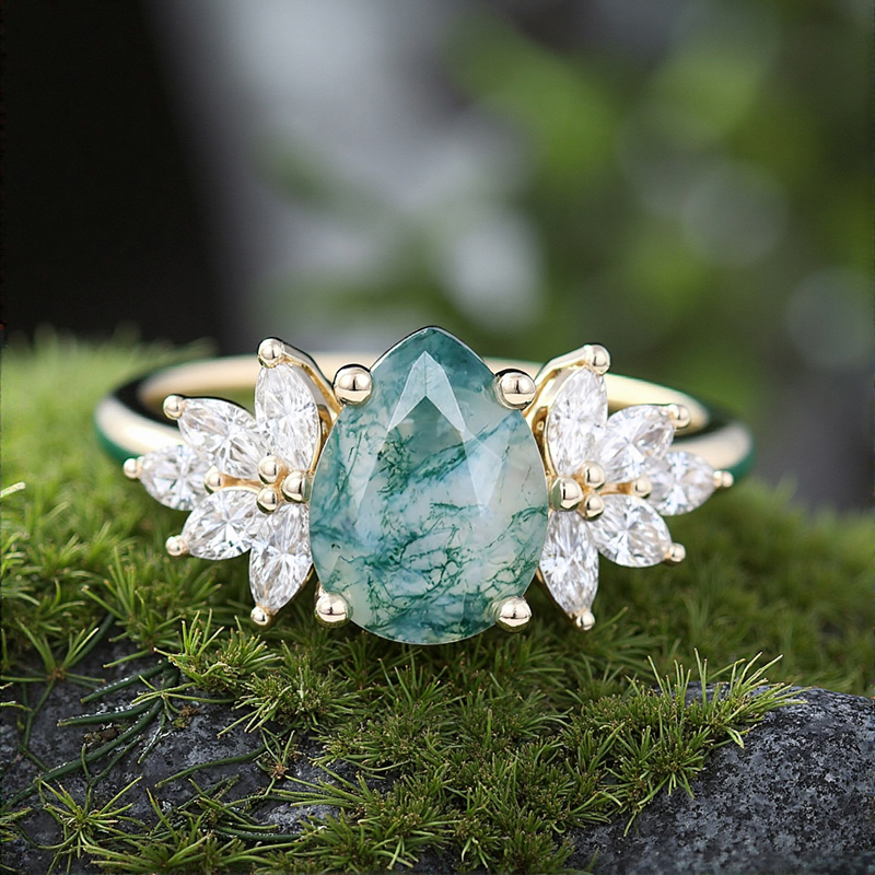 1.5ct Pear Cut Moss Agate & Marquise Cut Moissanite S925 Silver Engagement