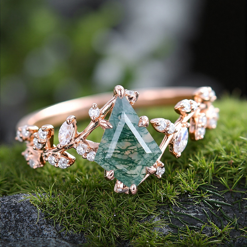 2.2 Ct. Tw. Kite Cut Moss Agate & Round Cut Moissanite S925 Silver Nature - Image 4