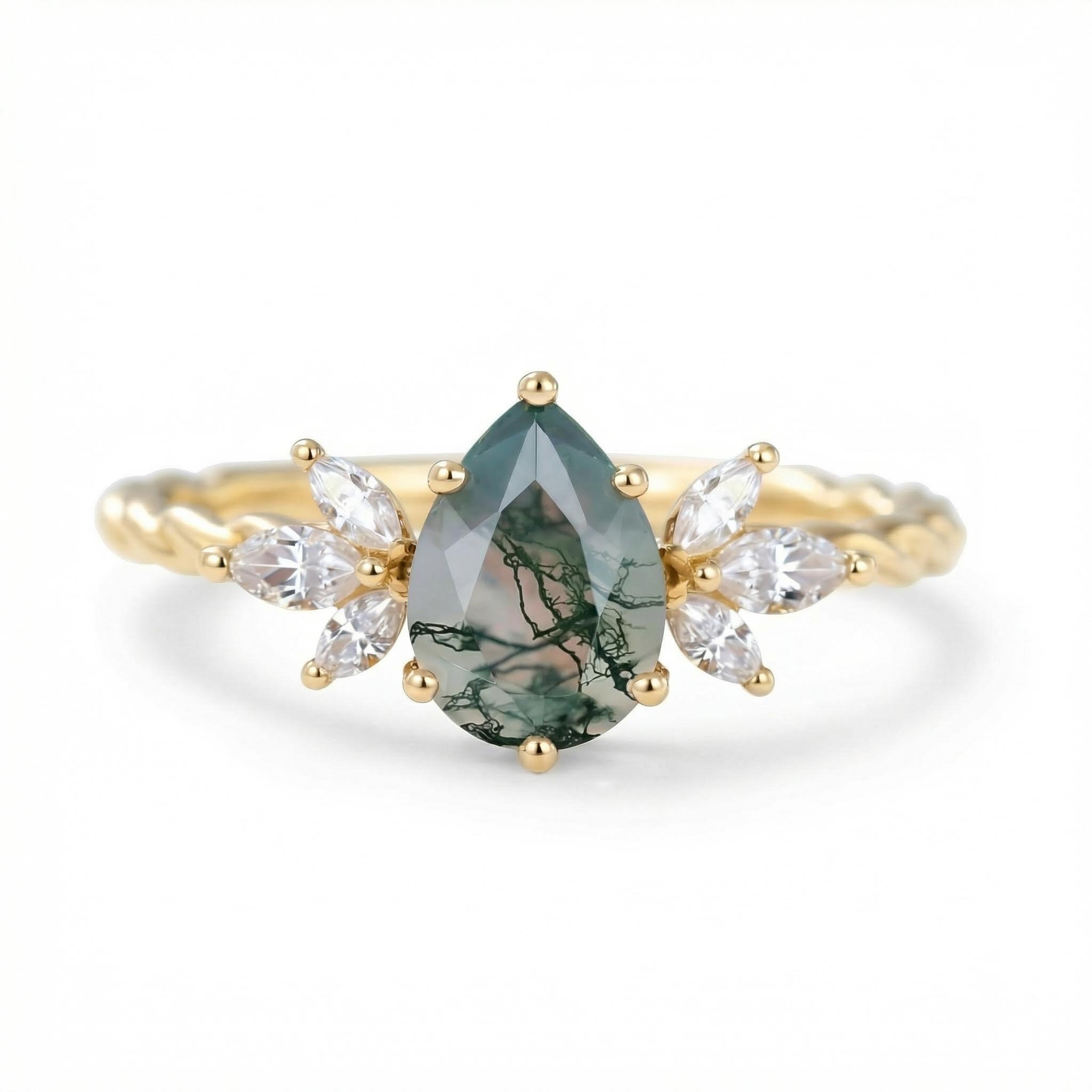 1.44ct Pear Cut Moss Agate Twisted Band Marquise Accented Moissanite S925 - Image 4