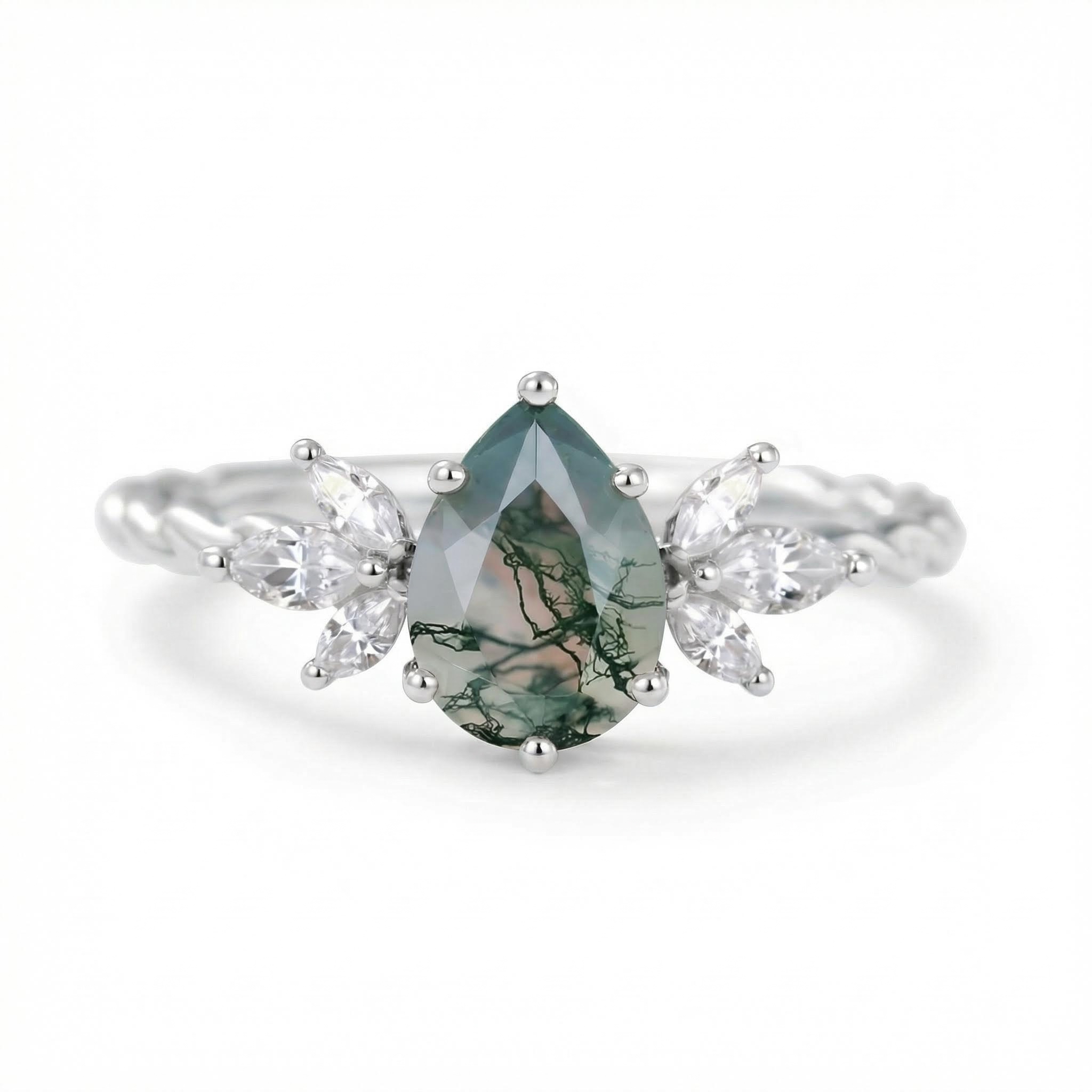 1.44ct Pear Cut Moss Agate Twisted Band Marquise Accented Moissanite S925 - Image 5