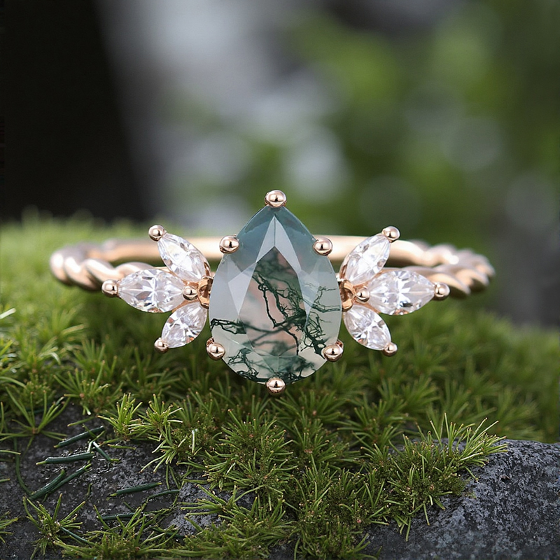 1.44ct Pear Cut Moss Agate Twisted Band Marquise Accented Moissanite S925 - Image 6