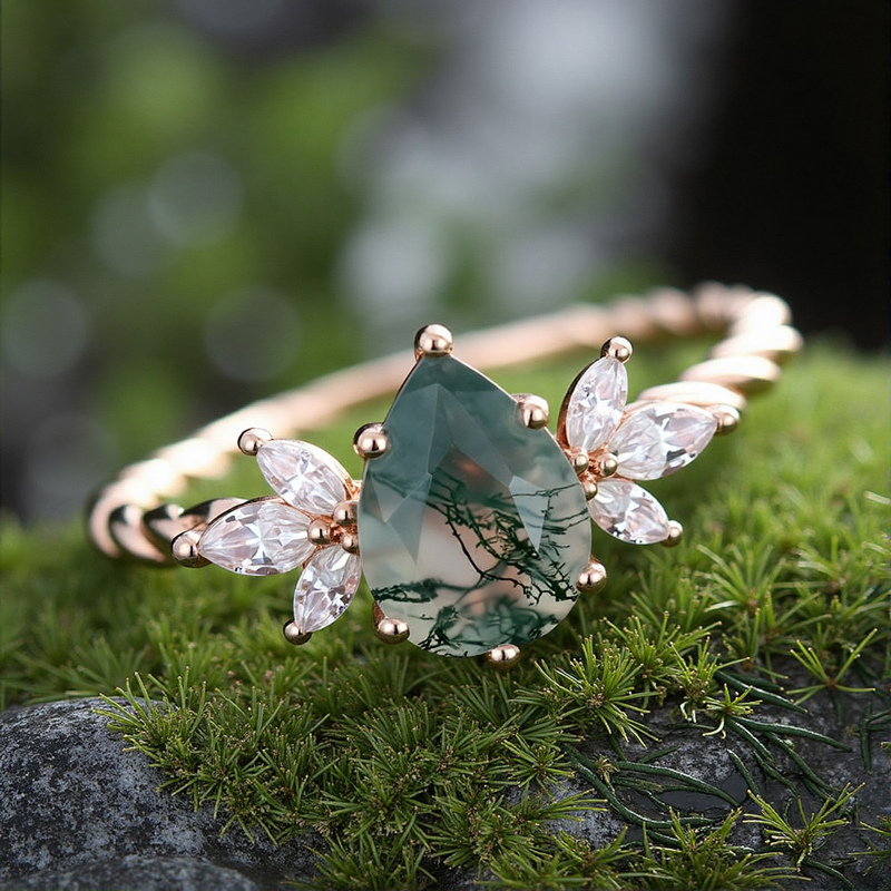 1.44ct Pear Cut Moss Agate Twisted Band Marquise Accented Moissanite S925 - Image 8