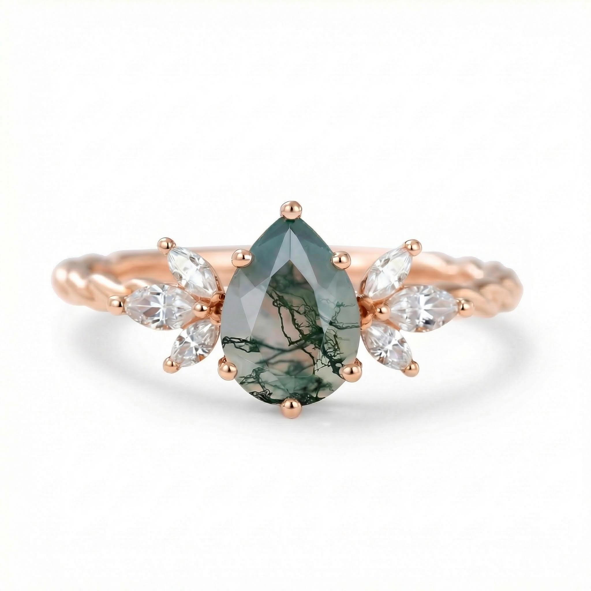 1.44ct Pear Cut Moss Agate Twisted Band Marquise Accented Moissanite S925