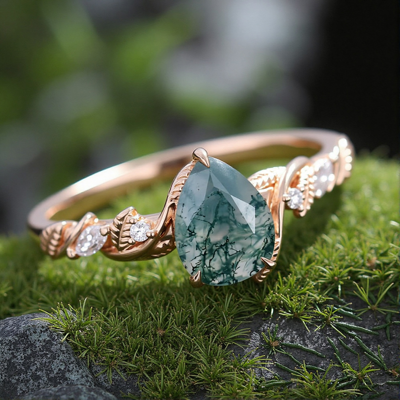 1.28ct Pear Cut Moss Agate & Round Cut Moissanite S925 Silver Engagement - Image 5