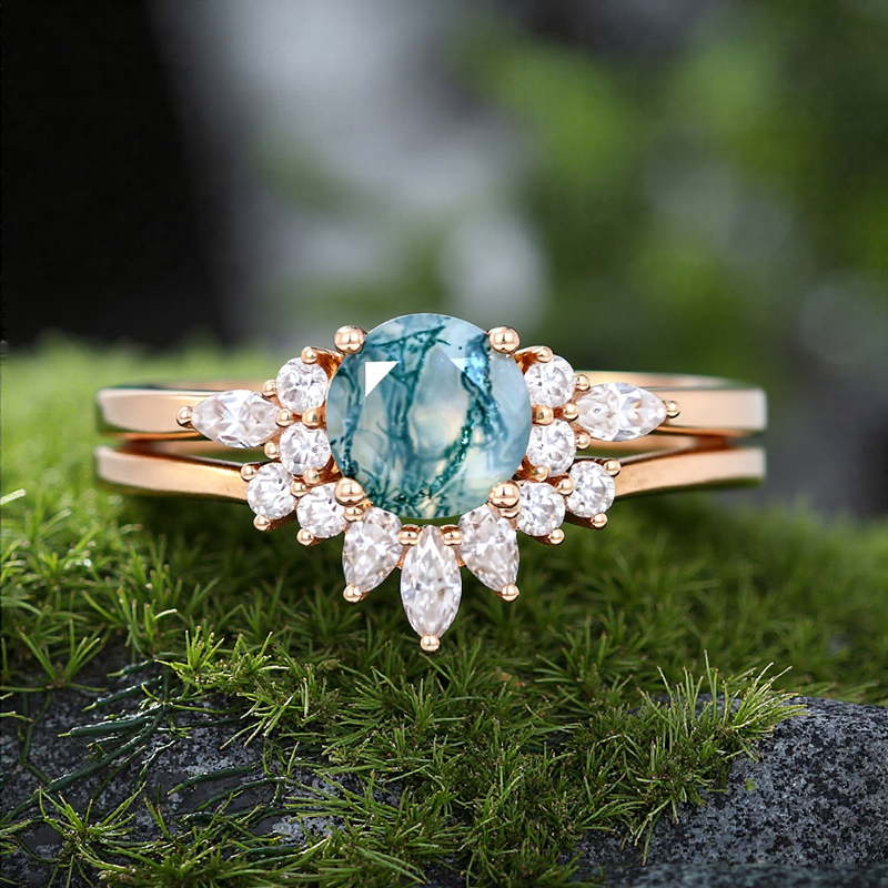 1.42ct Round Cut Moss Agate & Marquise Cut Moissanite S925 Silver