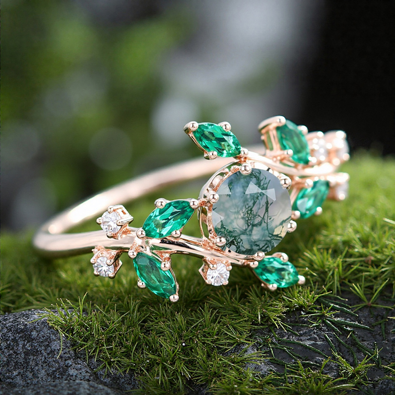 1.21ct Round Cut Moss Agate & Marquise Cut Diamond S925 Silver Nature - Image 4