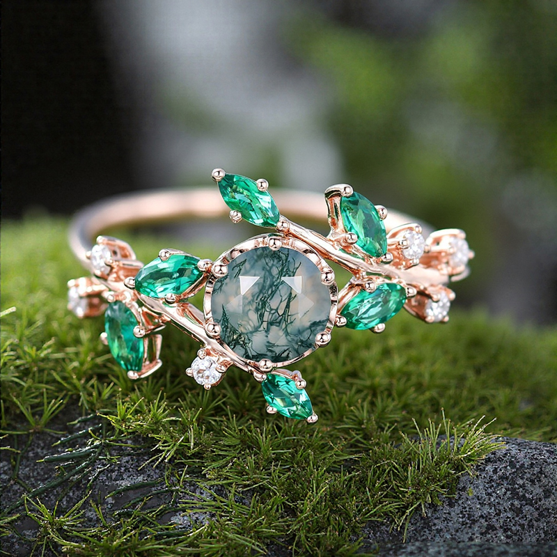 1.21ct Round Cut Moss Agate & Marquise Cut Diamond S925 Silver Nature
