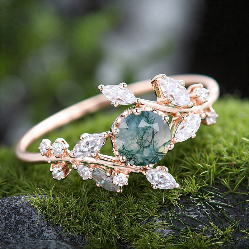 1.21ct Round Cut Moss Agate & Marquise Cut Moissanite S925 Silver Promise - Image 4